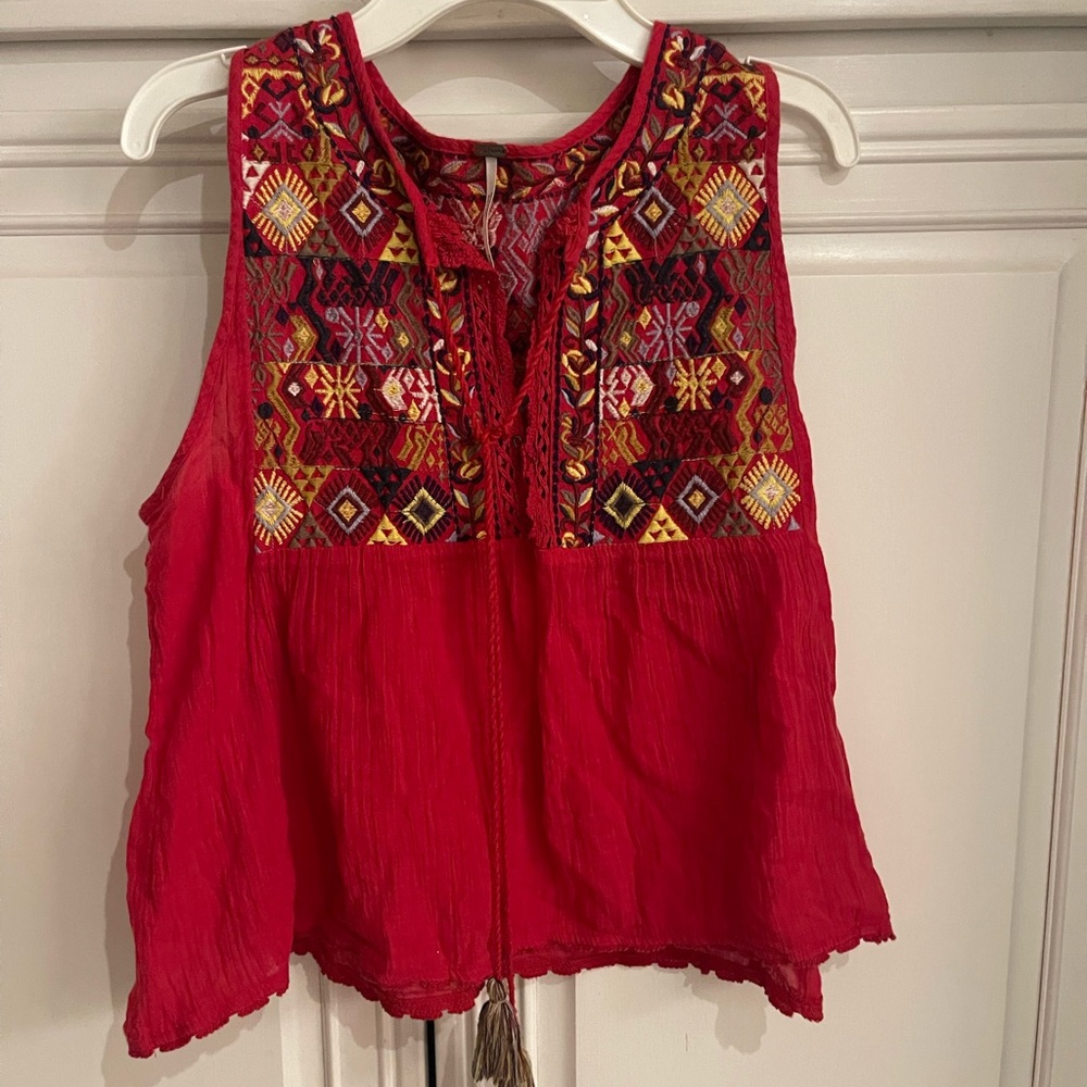 Free People Red Embroidered Tank Top